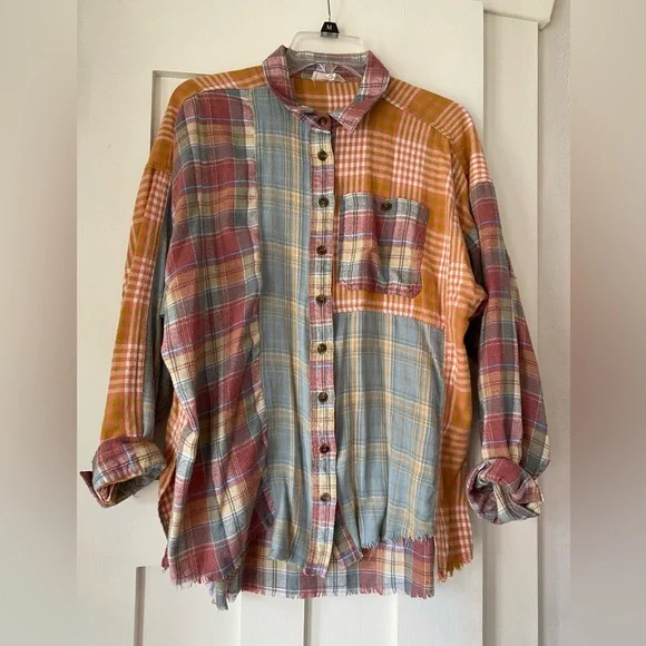 Easel Orange Red and Blue Casual Flannel Shirt with Patchwork Design - Picture 1 of 4